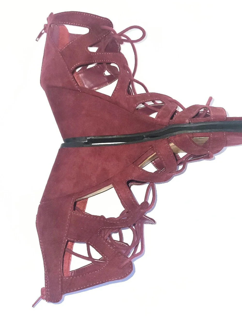 Charlotte Russe Burgundy Vegan Suede Lace Up Open Wedge Heel Size 9